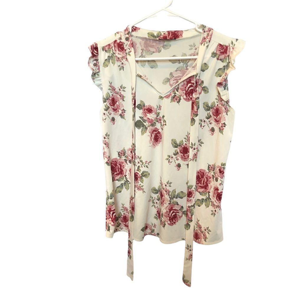 First Love sleeveless V neck blouse cream and pink floral Large